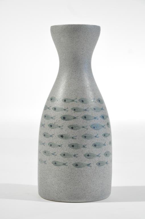ITALIAN CERAMIC VASE WITH FISH: Marked B34/608A, possibly BitossiDimensions: H 8.5" x Diameter 3.75"Condition: good, no chips, cracks, or repairs observedProvenance: From the descendants of a late 19th C. Siam logging operation