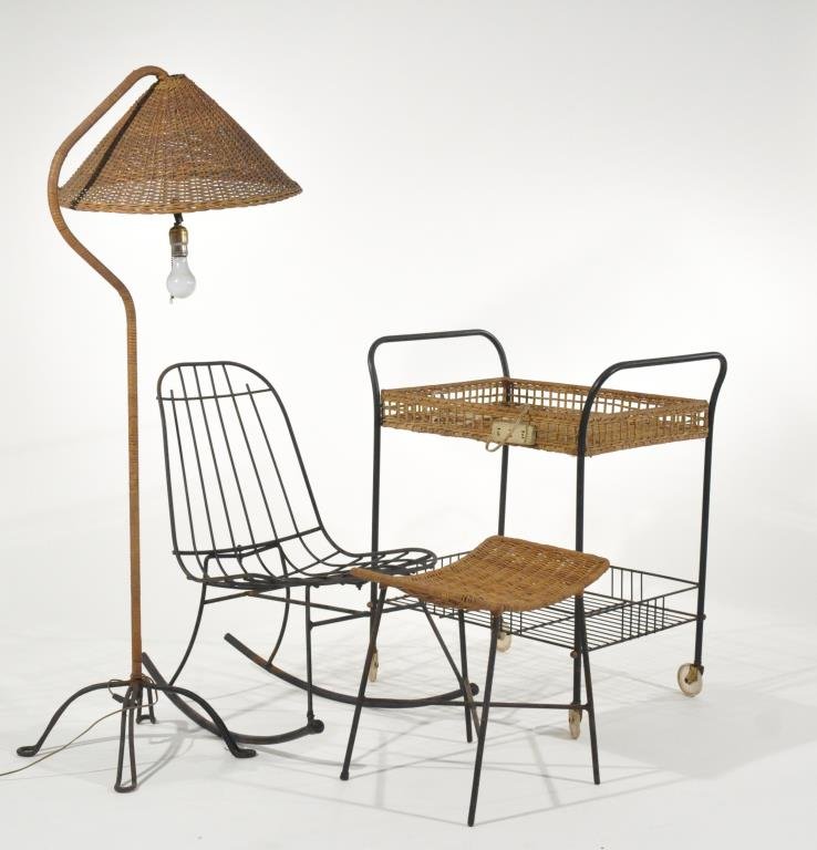 MID-CENTURY IRON & RATTAN OUTDOOR FURNITURE SET: In the manner of Arthur Umanoff or Frederick Weinberg. Including lamp, rocking chair, foot rest and tea cart. Iron and rattan.Dimension: H 56" (lamp)Condition: Some rust, structurally sound.Provenance