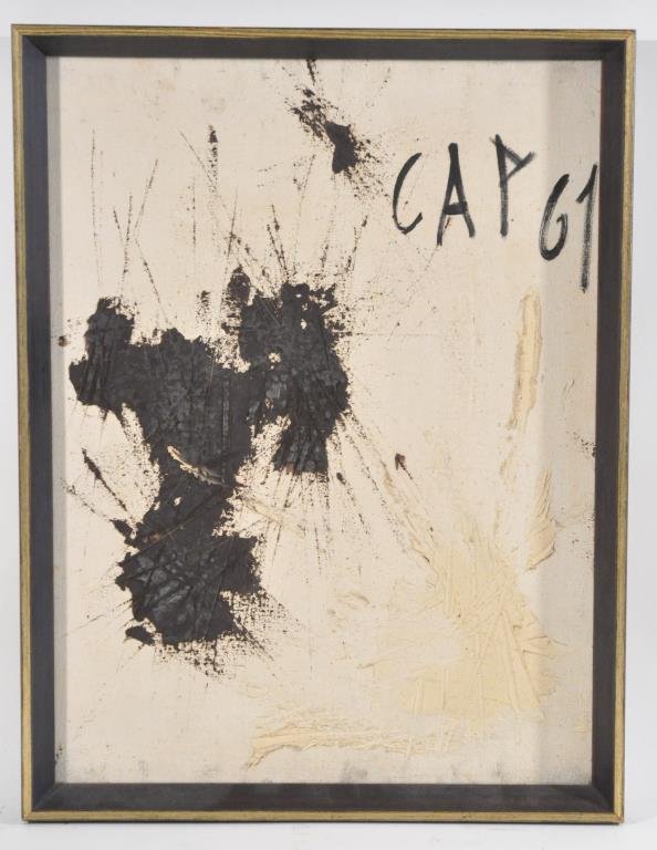 1961 ABSTRACT PAINTING BY CAP: CAP Untitled (abstract black and white forms),1961Oil on board, signed upper right Dimensions: (Frame) H 17" x W 13"Dimensions: (Sight ) H 16" x W 12"Condition: good, has surface dirt.