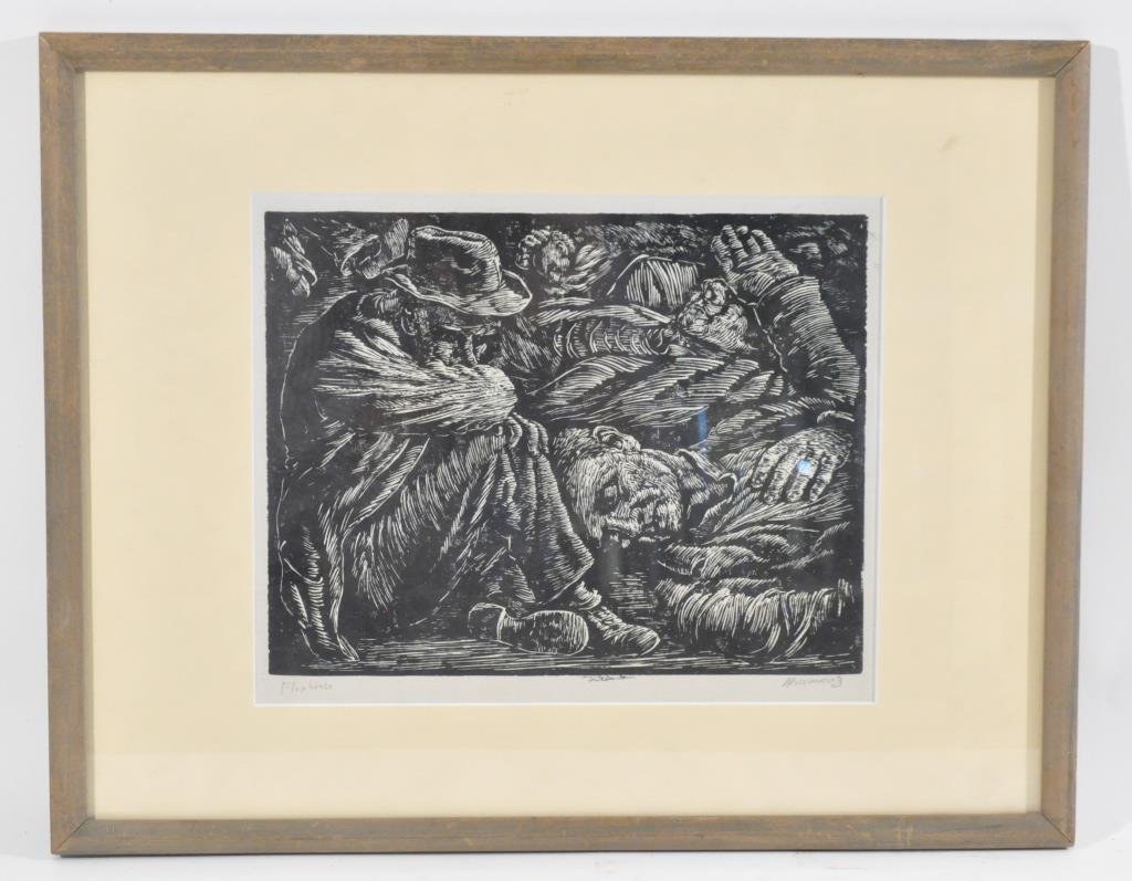 ALBERT ABRAMOWITZ WPA ERA WOODCUT: "Flophouse", ca.1930'sWoodcut on paperDimensions: (Frame) H 15" x W 19"Dimensions: (Sight) H 9.5" x W 11.5"Condition: good