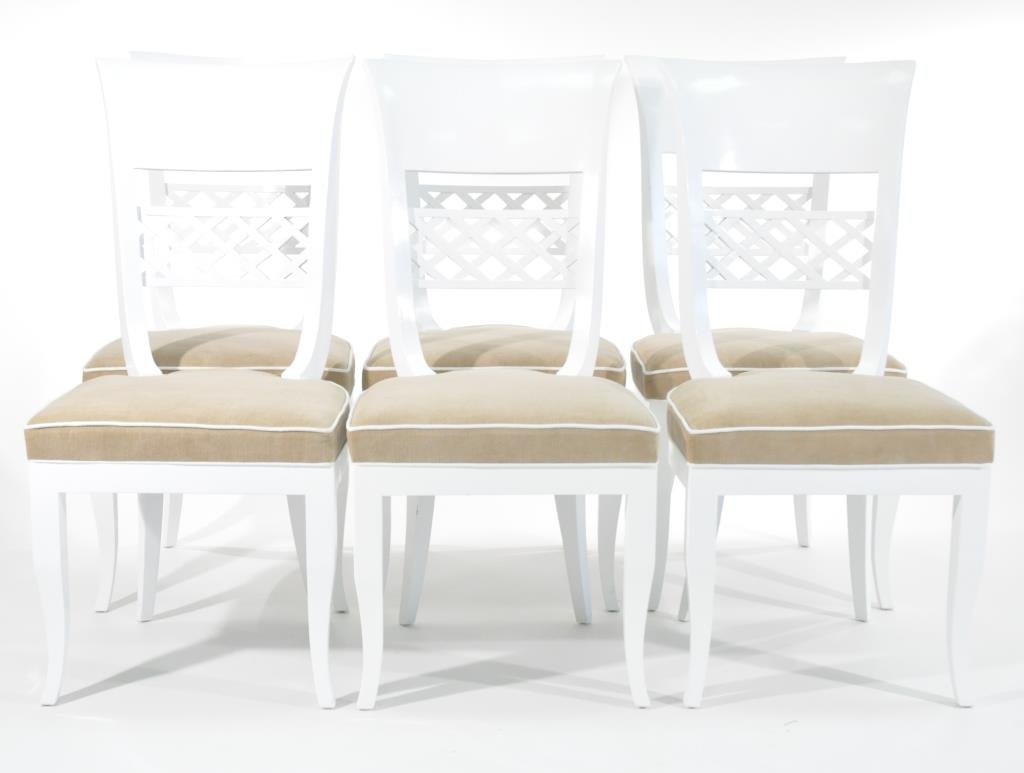 6 WHITE LACQUERED MID-CENTURY CHAIRS: Dimensions: H 40.25" x W 19" x D 24"Condition: very good, one or two small losses to lacquer at corners
