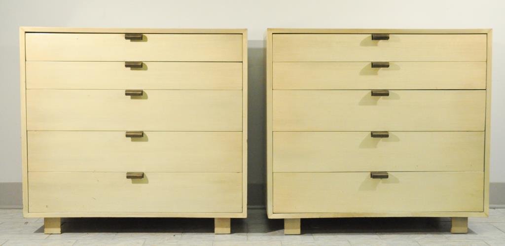 PAIR OF GEORGE NELSON FOR HERMAN MILLER CHESTS: Bleached mahogany and zinc plated steel, with label to inside drawerDimensions: H 37.5" x W 40" x D 18.5"Condition: good, some losses to veneer at edges, scratches