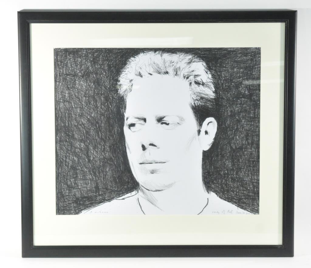 ROSS WILSON (IRISH 1957-: Study of Rafael Ferrer, 2000Charcoal on paper, signed lower left side and title and date lower right.Dimension: Frame: H 29.5" X W 33.5" Sight: H20" X W 24.5"Condition: goodProvenance: From the Estate