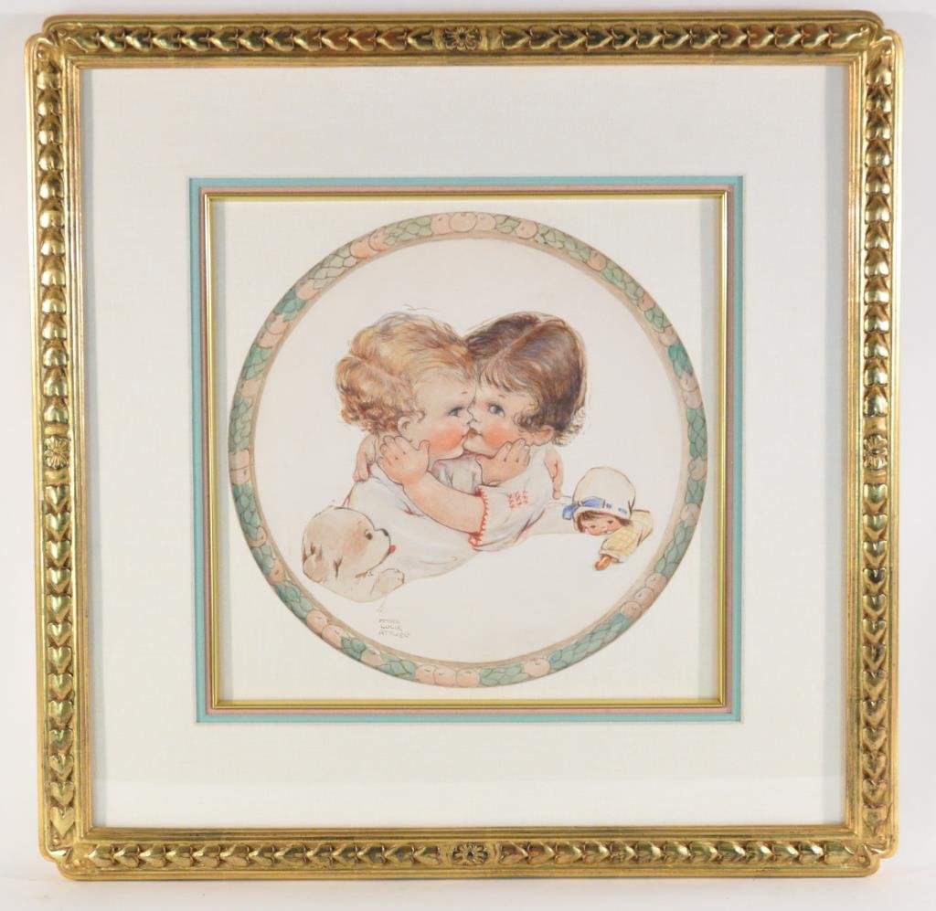MABEL LUCIE ATTWELL (BRITISH 1879 -1964): "Babies""I Do Love You So", ca. 1920's Watercolor, color pencils, cut out illustration on board, signed lower left side.Dimension: Frame: H 21" X W 21" Sight: D 11.5"Condition: good, surface dirt Note
