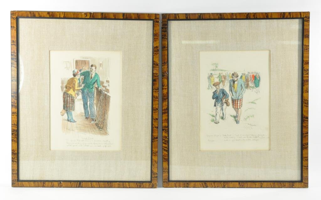 FRANK REYNOLDS (BRITISH 1876 -1953): Pair of golf drawings entitled Hard Times and Defeated player in Club Final, with writing below, ca.1920/30'sInk, watercolor on paper, both signed lower left and right., Dimension: Frame: H 21.75" X W