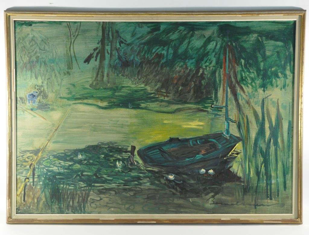 LUDWIG BEMELMAN (AUSTRIA - AMERICAN 1898-1962): "Ville D'Auray Lac de Corot" and boat for cutting weeds underwater. Oil on canvas, signed lower right and titled on the versoDimension: Frame: H 35" X W 48" Sight: H 32" X W 46"Condition: good, surfac