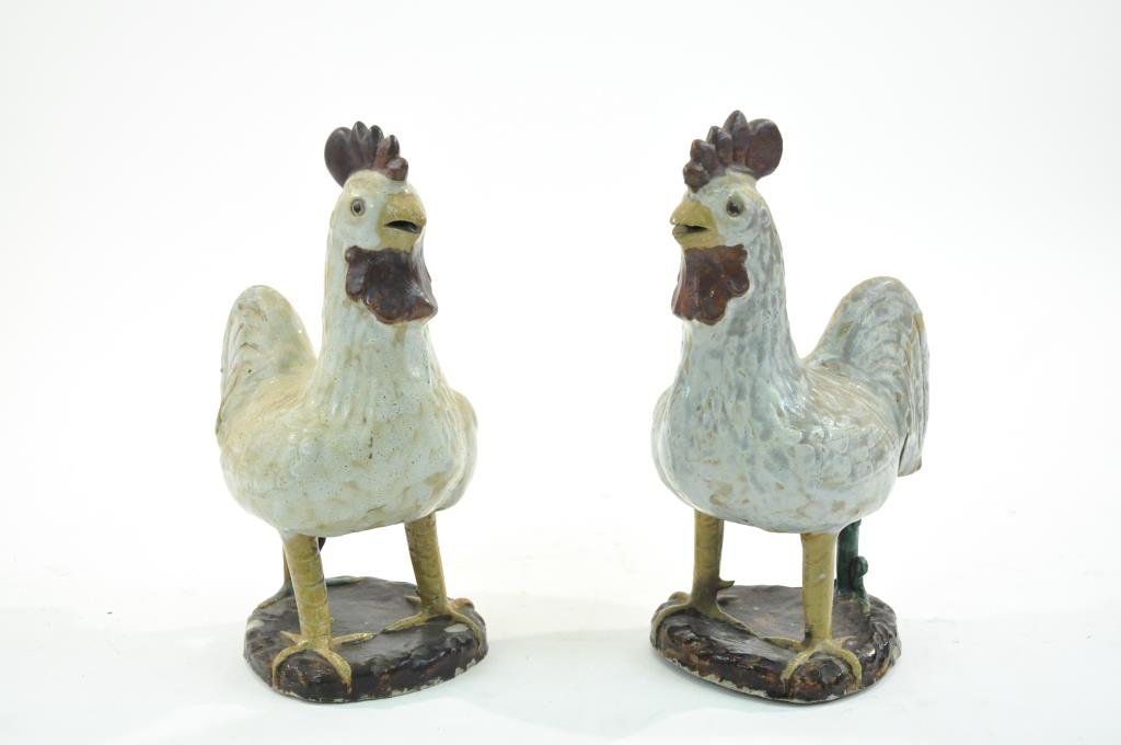 PAIR OF FRENCH CERAMIC ROOSTERS: Dimensions: H 19" x W 12" x D 8"Condition: good, chips to bottom of bases on eachProvenance: From the estate of Rosemary Clooney and Jose Ferrer, bought in France in the 70s