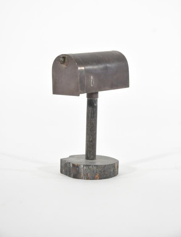 CARTIER STERLING SILVER STAMP HOLDER MAILBOX: Cartier handmade sterling, with dark patina on wooden stand, marked "the odd lot"Dimensions: H 5.75" X W 2.75" X D 3.5"Condition: good, missing flag