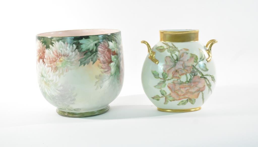 PAIR OF LIMOGES PORCELAIN JARDINERES: Limoges mark to bottom of bowl, handled vase marked JP LDimensions: H 9" x Diameter 9.25" bowlCondition: good, a chip to the bottom rim of the bowl