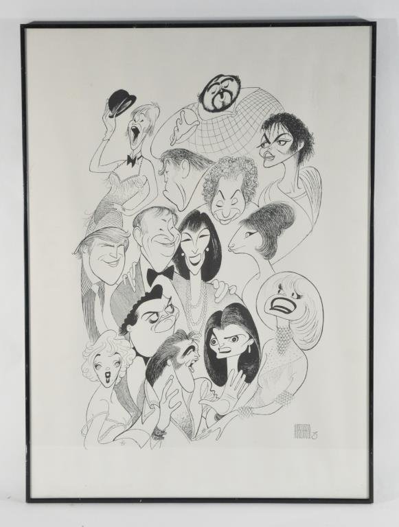 AL HIRSCHFELD (AMERICAN 1903 - 2003): Abe Hirschfeld and Fiends, 1988.Lithograph on paper signed in the plate, edition 21/50 SHIRLEY MACLAINE, LUCIANO PAVAROTTI, MICHAEL JACKSON, JACKIE MASON, ANTHONY QUINN, DONALD TRUMP,ABE HIRSCHFELD, A