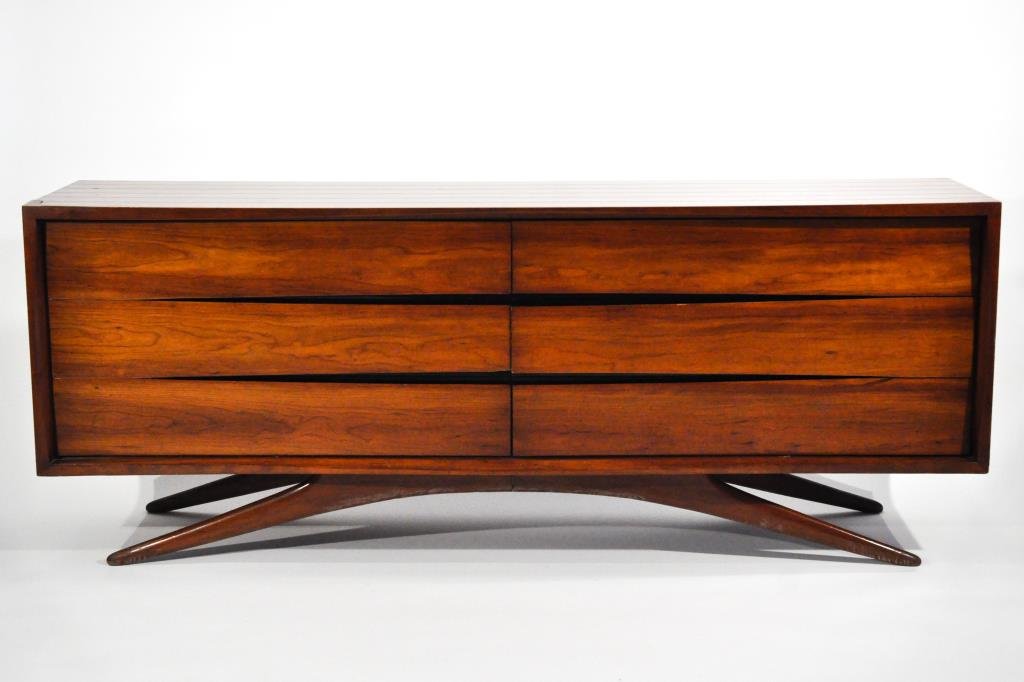 RARE VLADIMIR KAGAN FOR GROSFELD HOUSE SIDEBOARD: Cherry, 1950s, 6 drawersDimensions: H 31" x W 80" x D 19"Condition: good, some surface scratches and gouges, lift to veneer on corner, wear to legs