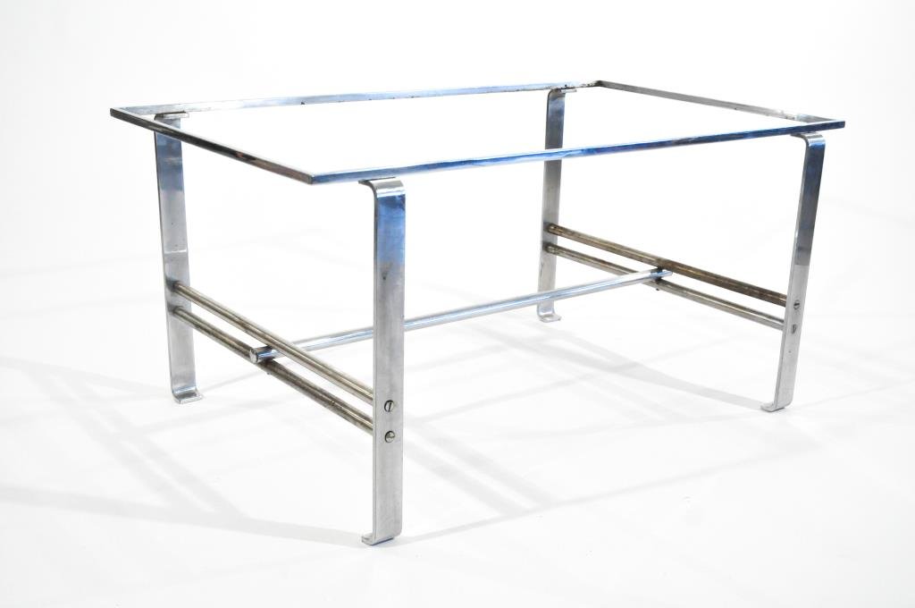 WOLFGANG HOFFMANN CHROME COFFEE TABLE: American Art Deco, Ca 1930s, unmarkedDimensions: H 17.75" X 36.75" X D 21"Condition: Pitting to chrome stretchers. No glass top