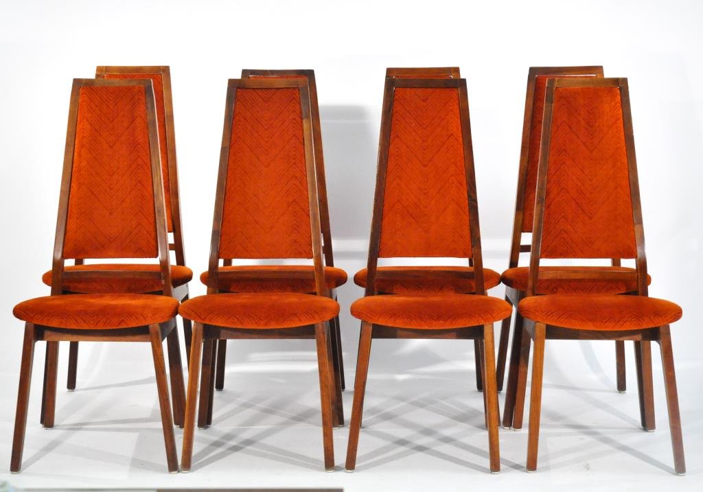 SET OF 8 MID-CENTURY DINING CHAIRS: In the manner of Adrian Pearsall, in period fabricDimensions: H 43.75" X W 18.75" X D 21"Condition: good
