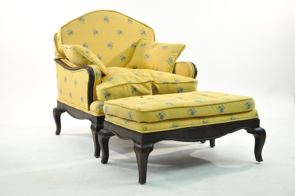 FRENCH OVERSIZED COUNTRY CHAIR WITH OTTOMAN: Dimensions: H 22" x W 28 1/2" x D 21" chairDimensions: H 14" x W 28" x D 17" ottomanCondition: good, some wear to wood at legs and corners