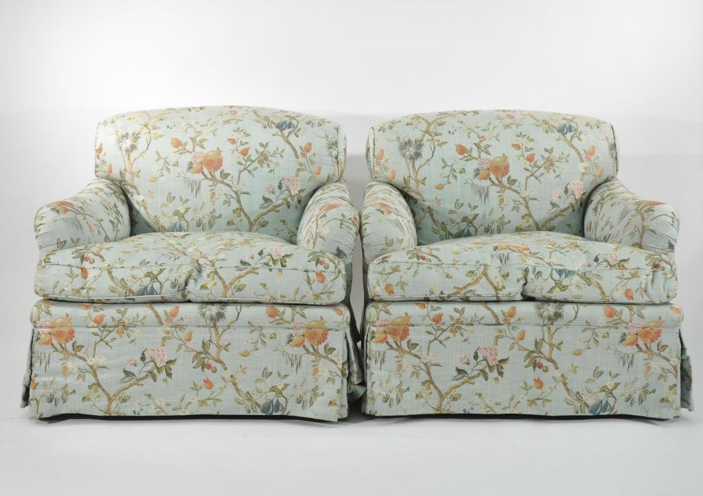 PAIR OF UPHOLSTERED PLUSH LOUNGE CHAIRS: Down cushions, embroidered silk blend Asian style floral fabric. Dimensions: H 32.5" X W 37" X D 37"Condition: Good