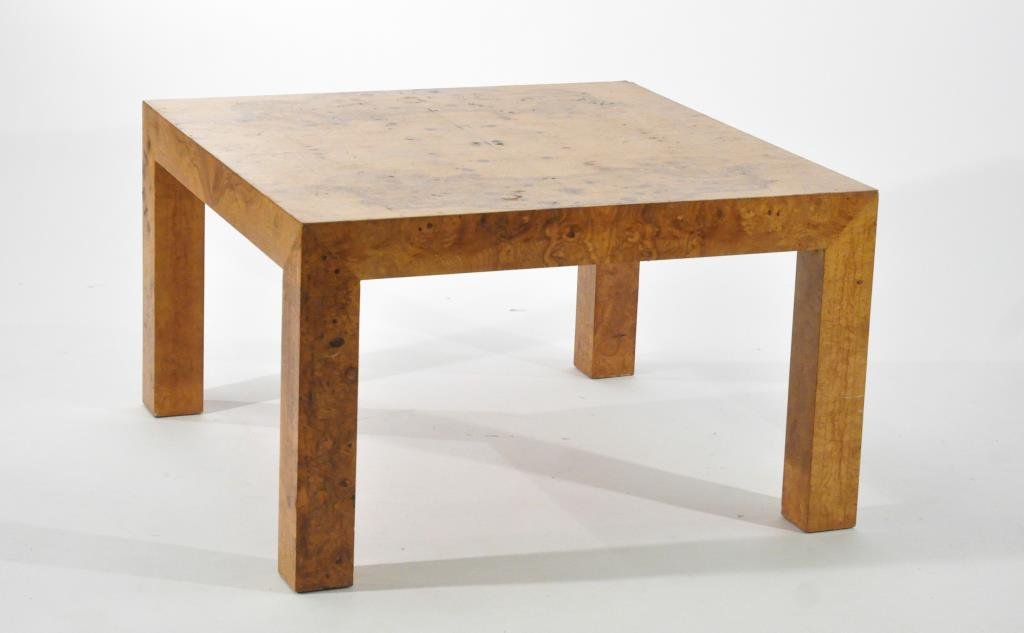 MILO BAUGHMAN (ATTR.) BURLED OLIVEWOOD TABLE: Dimensions: H 19" X W 32" X D 32"Condition: Good