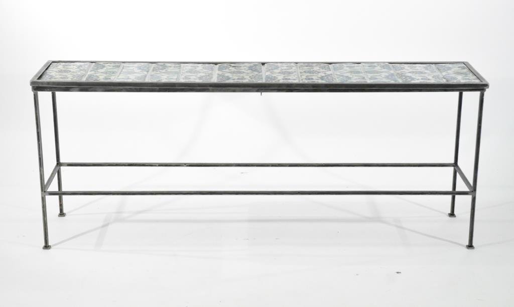 ANTIQUE MIDDLE EASTERN CERAMIC TILE CONSOLE TABLE: Tiles are antique the metal frame was constructed recently to hold the tilesDimensions: H 24" X W 60" X D 13"Condition: Some tiles with chips, extra tiles included.
