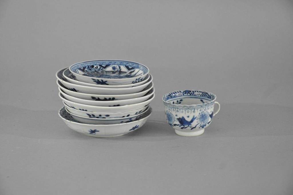GROUPING KANGXI CHINESE BLUE AND WHITE PORCELAIN: 6 matching plates, cup and saucer with fish design + 3 misc plates.Dimensions: D 5.5" (largest)Condition: good