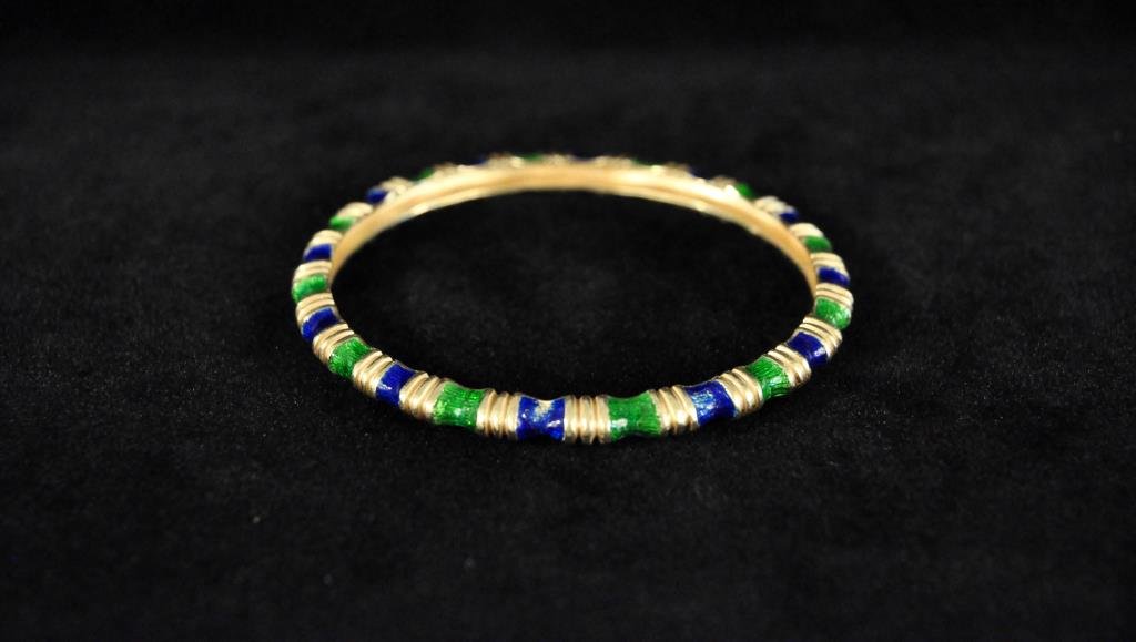 TIFFANY 18K GOLD & ENAMEL BRACELET: Weight: 18.0 dwtDimensions: D 2.75"Condition: Small losses to enamel.