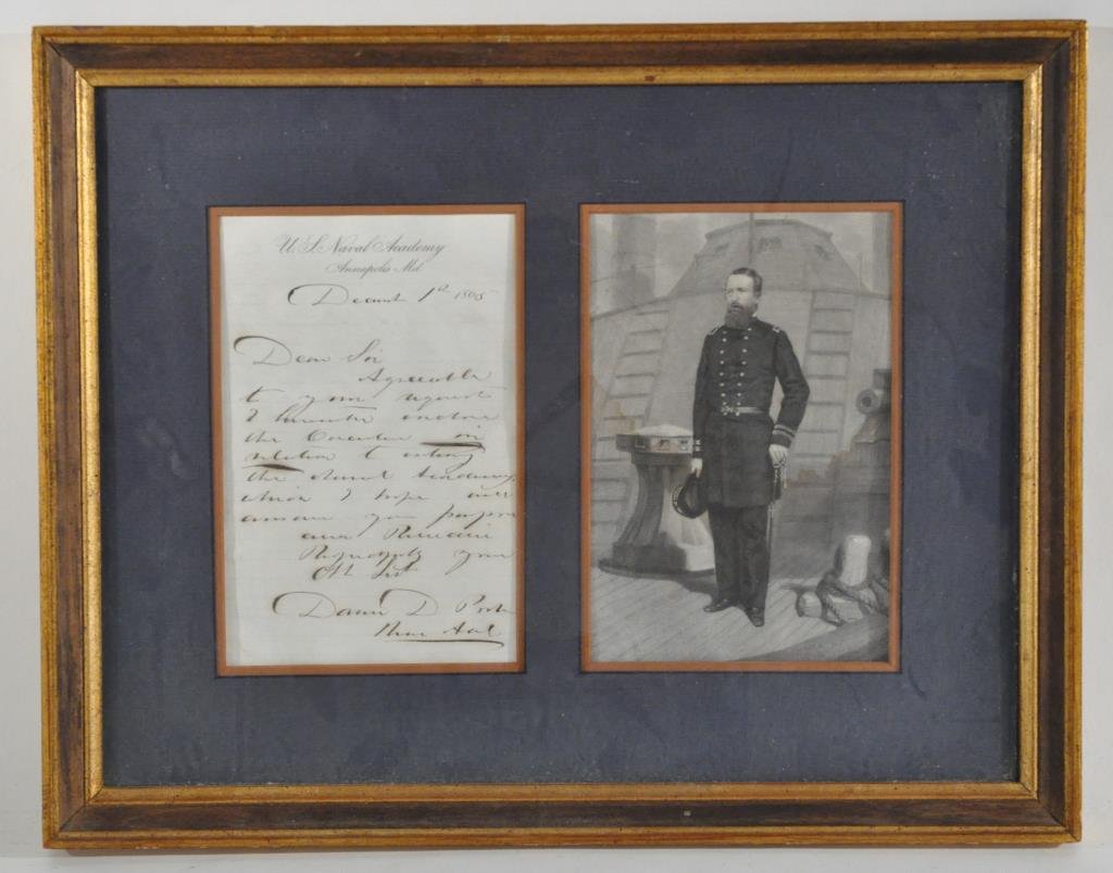 DAVID DIXON PORTER AUTOGRAPH LETTER: Autograph Letter Signed, ("David D Porter Rear Ad[mira]l") 1p. 7.5" x 5" (sight) on U.S. Naval Academy letterhead, Annapolis, 1 December 1865 enclosing "…the Circular in relation to enlarging the Na
