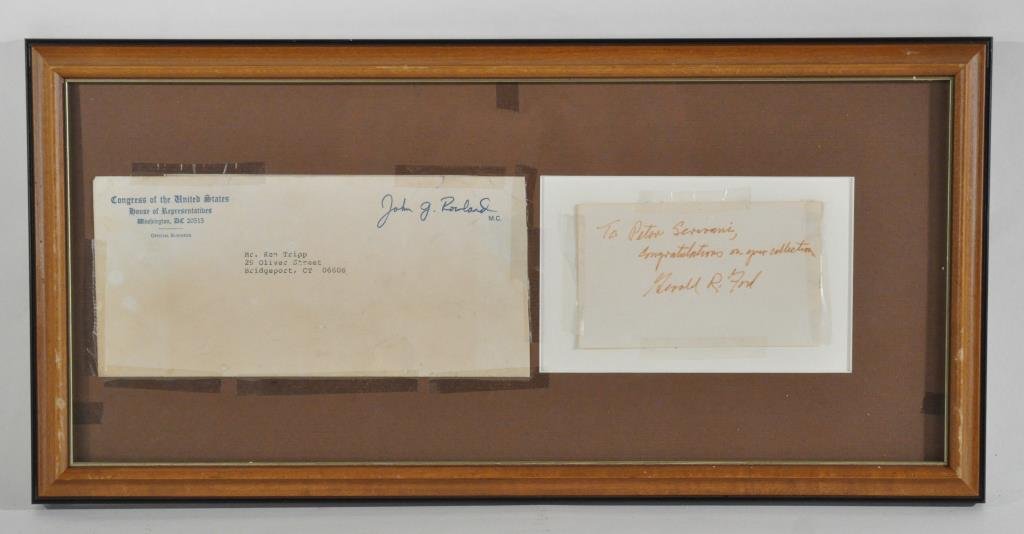 GERALD FORD AUTOGRAPH: His signature ("Gerald R. Ford") likely as Congressman on a 3" x 5" card inscribed to Peter Scrivani. Matted and framed with an official Congressional envelope. Card affixed to mat with tape, some fad