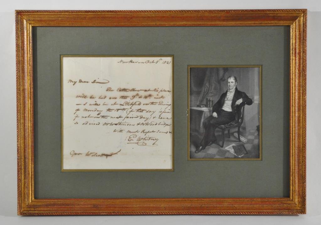 ELI WHITNEY AUTOGRAPH LETTER: Scarce Autograph Letter Signed ("E. Whitney") 1p. 8.5" x 8" (sight), New Haven, 5 October 1821 to Governor Oliver Wolcott, Jr. advising him of his whereabouts in anticipation of a meeting: "The Cattle