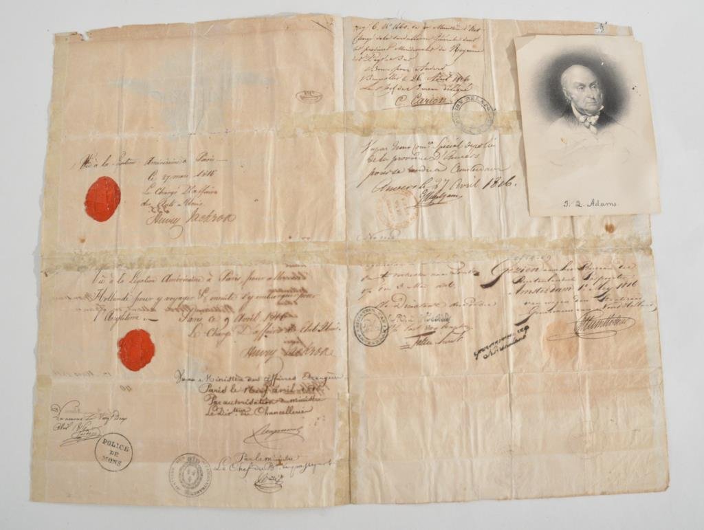 JOHN QUINCY ADAMS SIGNATURE: Partly-printed Document Signed ("John Quincy Adams") as United States Minister to Great Britain, 4pp. 15.5" x 10", London, 12 March 1816, a passport issued to William Wood by "legation des Etas Unis d