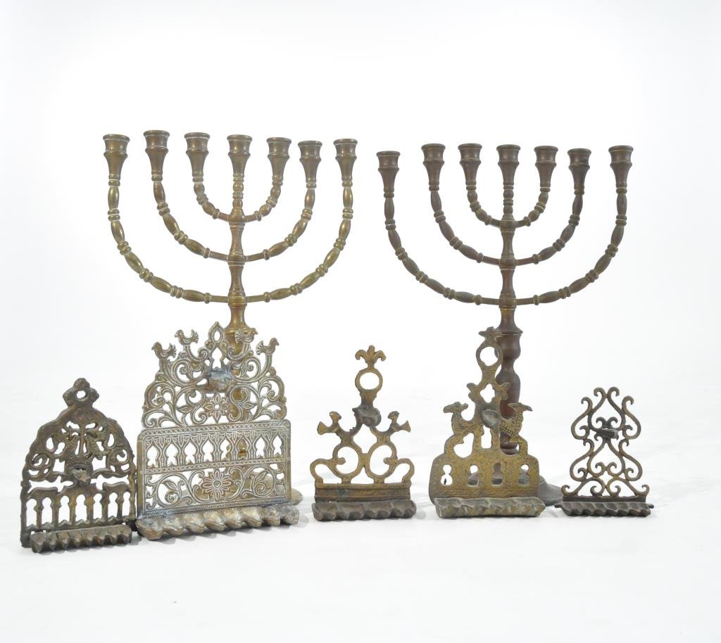 GROUPING OF BRASS HANUKKAH LAMPS AND MENORAHS: Dimensions: Largest - H 17" x 11.5 x 6" Diameter base.Condition: good, patina