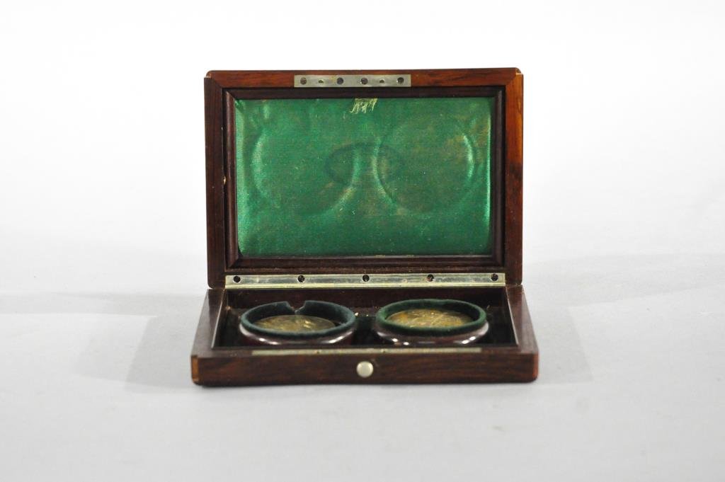 1889 EIFFEL TOWER SOUVENIER COINS IN BOX: 2 Eiffel Tower Ascension coins from 1889 in a Victorian double pocket watch case marked Jules Jurgensen CopenhagenDimensions: H 1" x W 6.5" x 4.5"Condition: good, box missing some corner trim