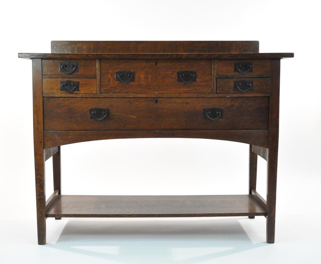 HARVEY ELLIS; GUSTAV STICKLEY SIDEBOARD: Unsigned, designed by Harvey Ellis, five over one drawer, No. 800Dimension: H 43" X W 54.25" X D 21.25"Condition: Good, light scratches to top, wear appropriate to age