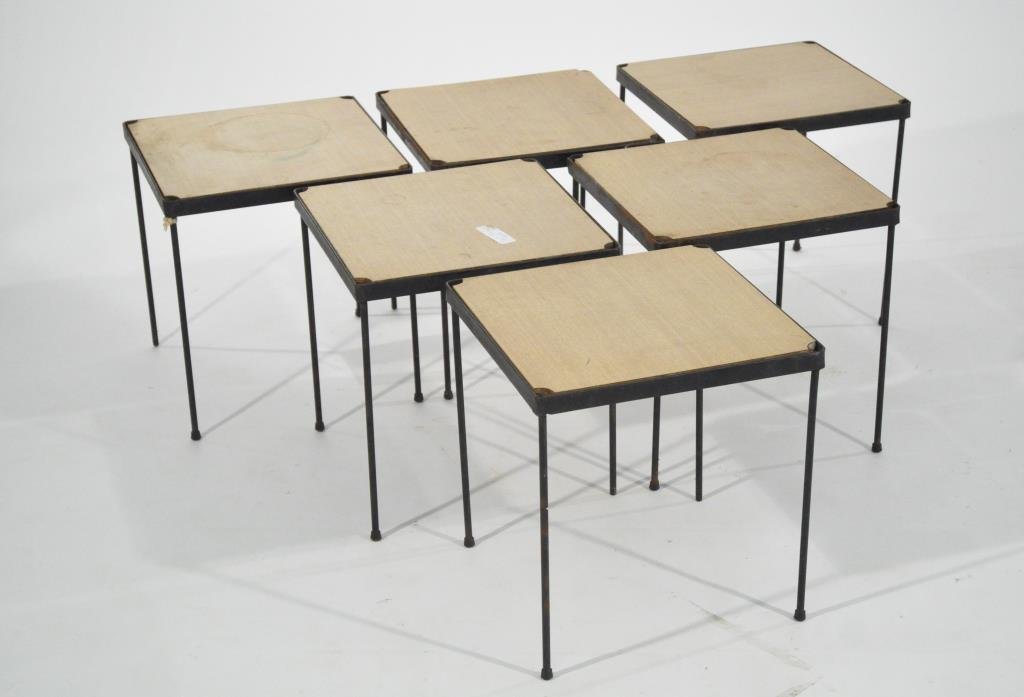 6 PAUL MCCOBB STACKING TABLES: Can be stacked to use as shelves. Dimensions: H 15.25" x W 14.5" x D 14.5 eachCondition: Some rust, staining to tops, sturdy.