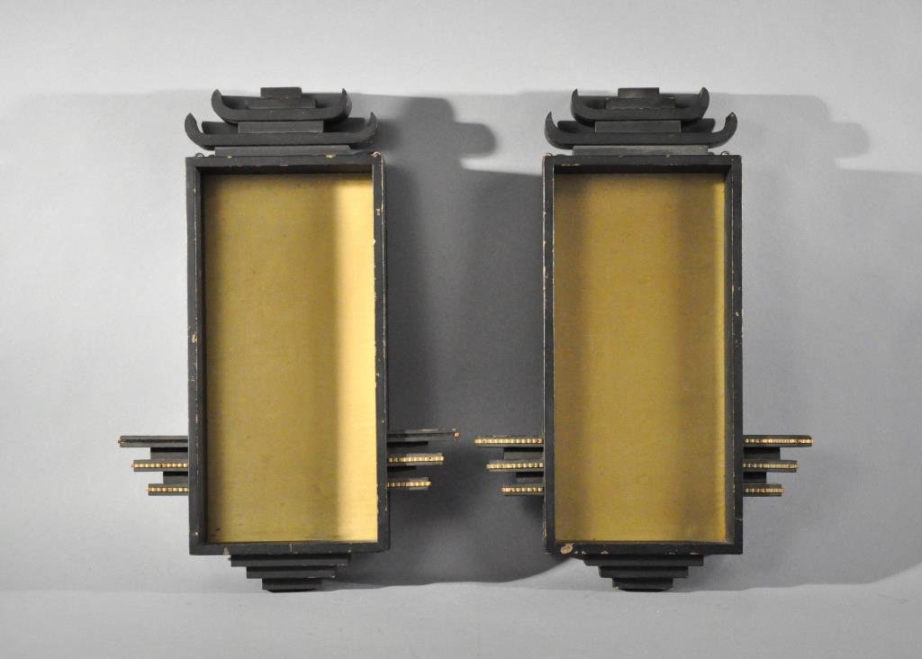 JAMES MONT MID-CENTURY CANDLE SHELVES SCONCES: Asian style with fabric back.Dimensions: H 18" x W 11.75" x D 3.5"Box Only- H 13" x W 6.25" x D 3.25"Condition: Chips to paint, missing detail on one.