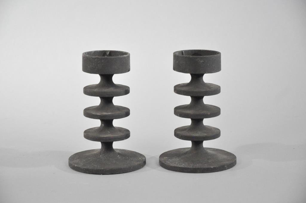 ROBERT WELCH MODERNIST CAST IRON CANDLESTICKS: English, C. 1960's. Selected for the Design Centre London. Dimensions: H 6.75" x D 4.75"Condition: Good,
