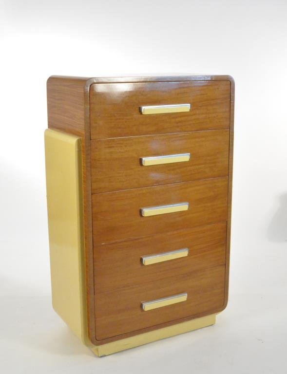DONALD DESKEY ART DECO CHEST OF DRAWERS: 6 drawer, top two divided. Dimensions: H 50.25" x W 33" x D 19"Condition: Chipping yellow lacquer on sides.