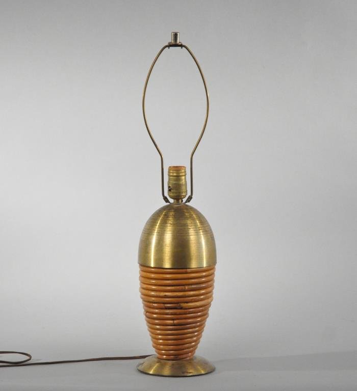 1930'S RUSSEL WRIGHT SPUN BRASS & BAMBOO LAMP: Dimensions: H 24" x Diameter 5.5"Condition: Tarnishing to brass.
