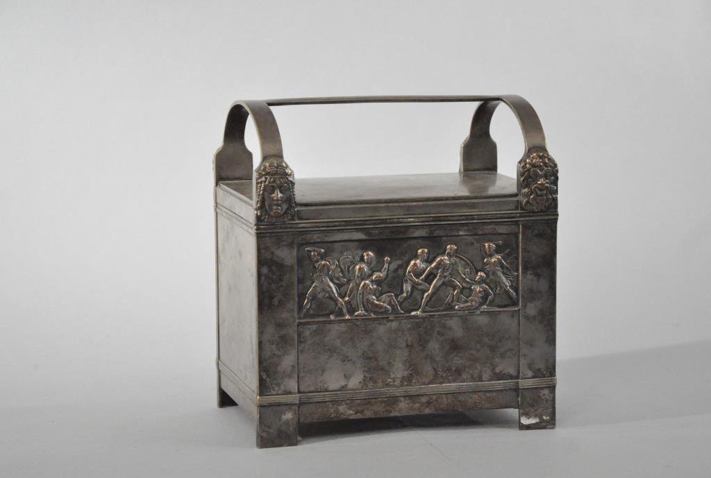 NEOCLASSICAL WMF SILVERPLATE CASKET: Wooden bottom. Dimensions: H 10" x W 9.5" x D 6"Condition: loss of silver plate, locked with no key.