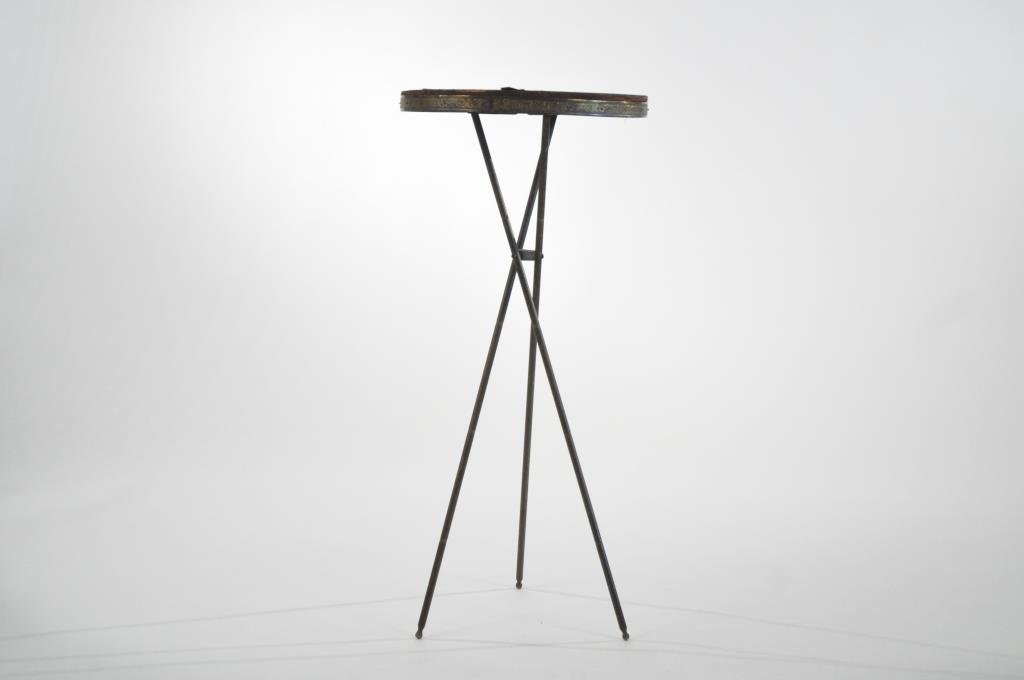 C. 1900 BRASS TRIPOD MAGICIANS TABLE: Velvet topped wood tray lined with brass floral trim. Dimensions: H 31.5" X D 14.5"Condition: Good, wear to velvet.