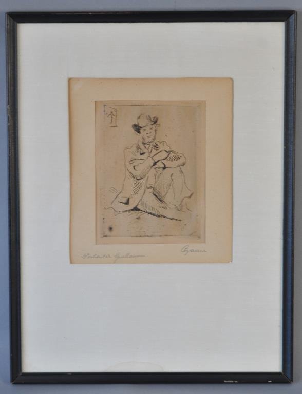 PAUL CEZANNE (FRENCH, 1839-1906): Portrait of painter Armand Guillaumin, with Cezanne’s “hanging man” signature), 1873.Note: This from the 1930s printing of c. 1000. Venturi 1159 iii. Etching on paper, titled and signed on matt 