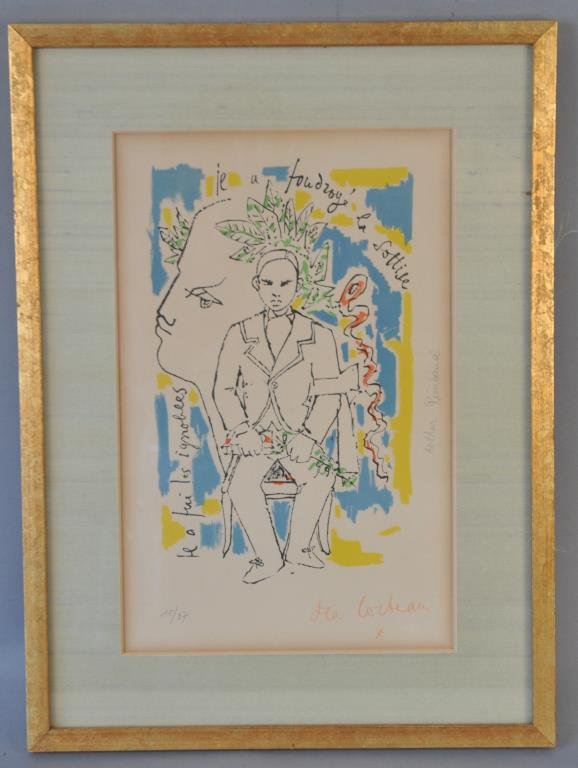 JEAN COCTEAU (FRENCH 1883-1963): Tete de Faune et Portrait de Rimbaud(Arthur Rimbaud), ca.1960Color lithograph, signed in red right crayon, edition 15/ 95 Dimensions: Framed: H 17.5" X W 12.75"; Sight: H 12.5" X W 8"Condition: Matt s