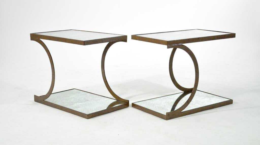 PAIR OF TWO TIER STYLIZED MIRRORED END TABLES: Dimensions: H 16.25" x W 20" x D 12"Condition: good