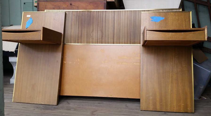 PAUL MCCOBB HEADBOARD AND FLOATING NIGHTSTANDS: Dimensions: H 36.5" x W 54.25" x D 1.5" headboardDimensions: H 36.25" x W 18" x D 17" nightstandCondition: good, some losses to finish and scratchingONSITE WAREHOUSE AUCTION, ITEMS MUST BE PICKED UP W