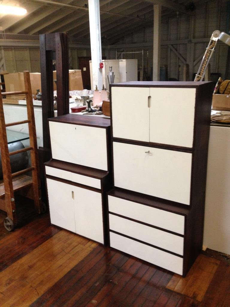 MID-CENTURY DANISH MODULAR WALL UNIT: Dimensions: H 21" x W 27" x D 16.25" fronts of cabinets and drawers have been painted white, some scuffs scratches here and there is no hardware bolts to put it together but has 4 upright rails and 5 