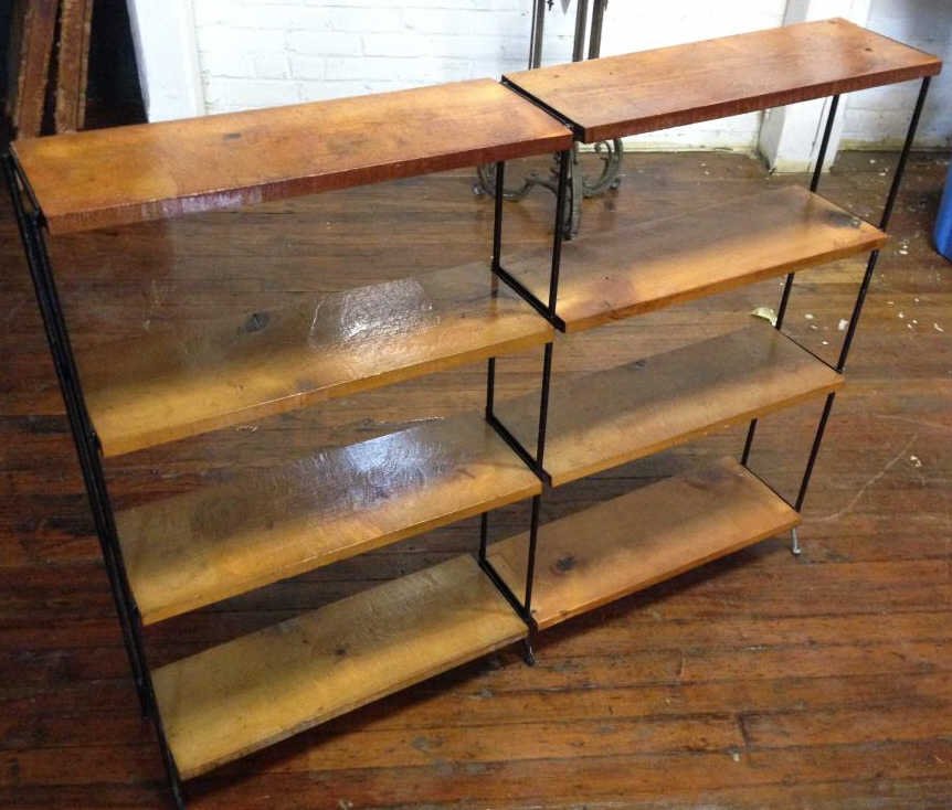 MID-CENTURY IRON AND WOOD SHELF: Dimensions: H 36" x W 45.5" x D 7.75"Condition: good ONSITE WAREHOUSE AUCTION, ITEMS MUST BE PICKED UP WITHIN 7 DAYS AFTER THE AUCTION, ALL ITEMS LEFT PAST THAT DAY WILL BE ABANDONED