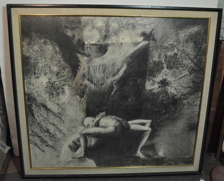 STEVEN TREFONIDES CHARCOAL SPIDERMAN DRAWING: MEASURES 40" X 44" TO EDGEONSITE WAREHOUSE AUCTION, ITEMS MUST BE PICKED UP WITHIN 7 DAYS AFTER THE AUCTION, ALL ITEMS LEFT PAST THAT DAY WILL BE ABANDONED