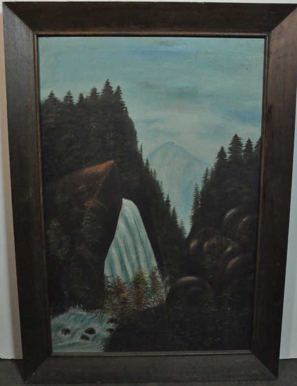 HAROLD JOY 1919 O/C WATERFALL PAINTING: MEASURES 42" X 30" TO EDGEONSITE WAREHOUSE AUCTION, ITEMS MUST BE PICKED UP WITHIN 7 DAYS AFTER THE AUCTION, ALL ITEMS LEFT PAST THAT DAY WILL BE ABANDONED