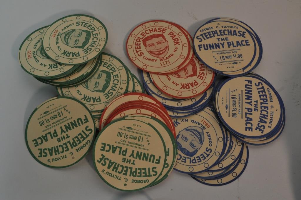 STEEPLECHASE CONEY ISLAND COASTER TICKETS: dimensions: 4" DIAMETER EACHONSITE WAREHOUSE AUCTION, ITEMS MUST BE PICKED UP WITHIN 7 DAYS AFTER THE AUCTION, ALL ITEMS LEFT PAST THAT DAY WILL BE ABANDONED