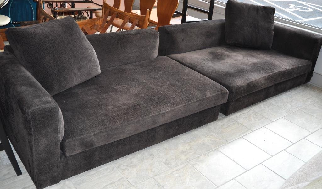 PAIR OF MINOTTI KLINE SOFAS: Designed by Rodolfo DordoniTwo Sections, deep seating, All fabric is removable for dry cleaning. Down back cushions, Chocolate Brown colorDimensions: H 23" X W 62" X D 41"Condition: Very Good