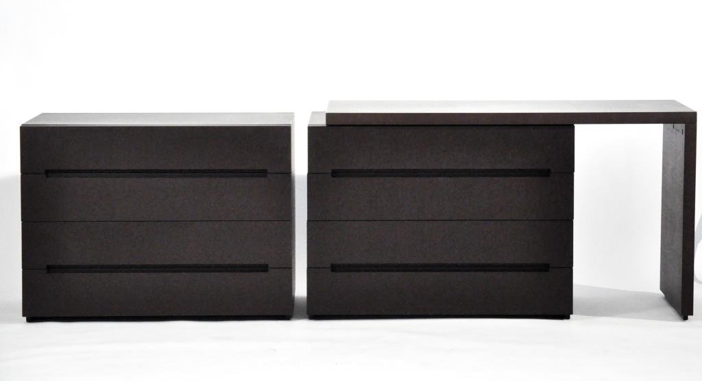 PAIR OF MOLTENI & C 3030 DRESSERS & VANITY RETURN: Multi-purpose chests with a distinctive sunken handle and a peninsula that can be turned to several positions to become a tabletop or an original writing desk. The feet of the chests of drawers and pe