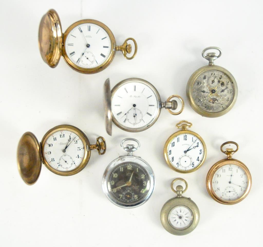 GROUP OF 8 ANTIQUE POCKET WATCHES: Including "The Republic" sterling silver (running) serial number 52926 on movement, AWC Waltham (running, no crystal) 1,950964 by PL Bartlett, Admiral (not running), Genoa (not running) , Illinois (no