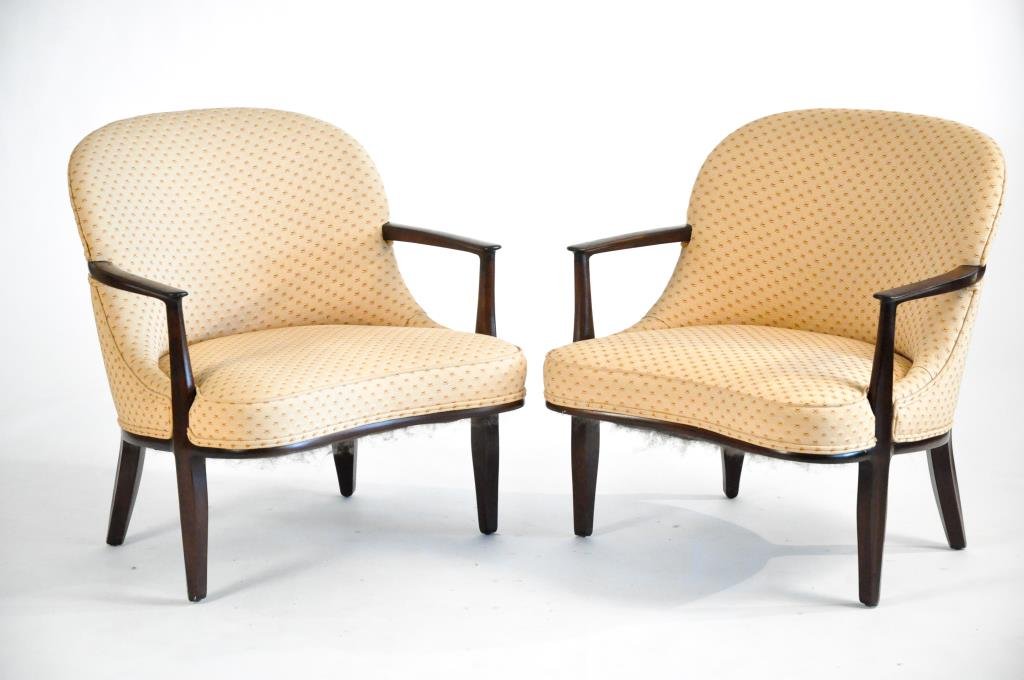 PAIR OF EDWARD WORMLEY FOR DUNBAR ARM CHAIRS: Janus Collection, C. 1950. reupholstered Dimensions: H 29.25" x W 25" x D 24"Condition: Very good.